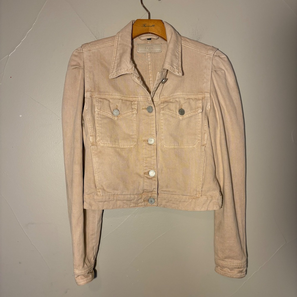BLANKNYC Women's Cropped Rose Dust Denim Jacket Light Tan‎ Puffed Sleeves XS